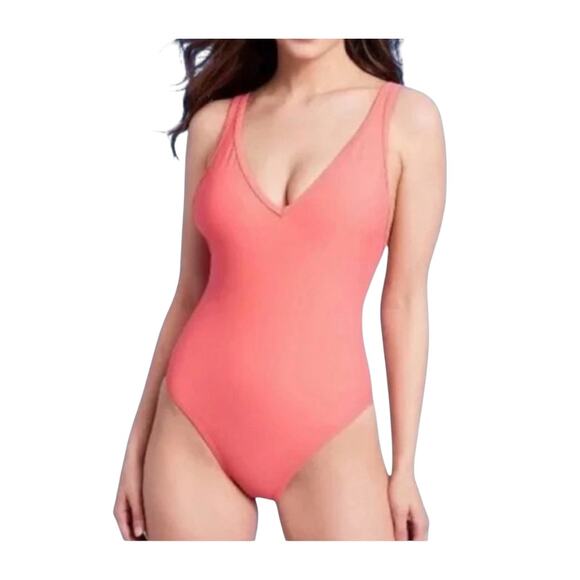 KONA SOL V-Neck High Leg One Piece Swimsuit Orange/Peach Size Large 12/14 - Picture 2 of 7